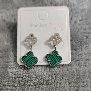 Green Striped Clover Dangle Earrings